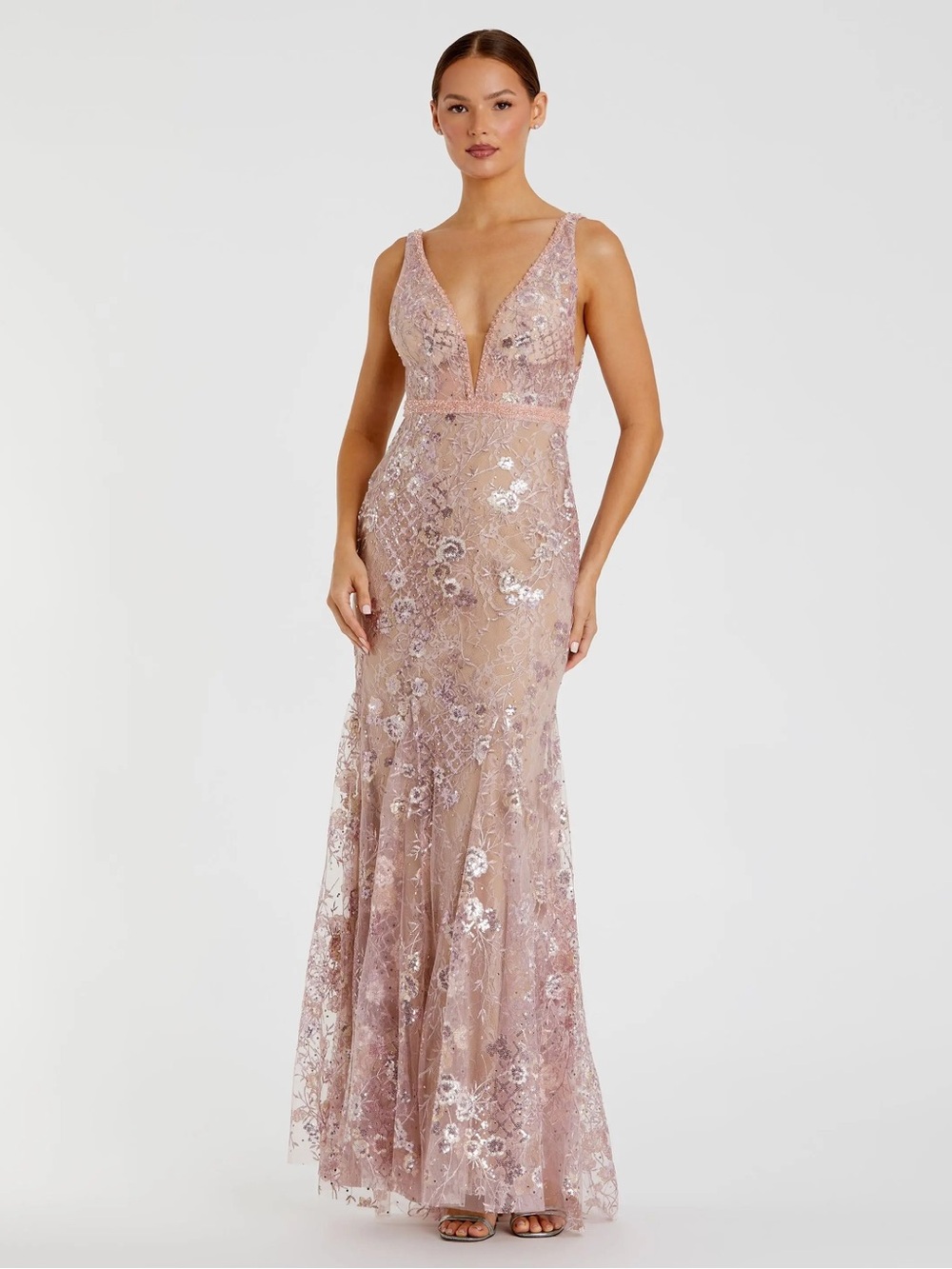 NWT Mac Duggal Rose Pink Floral Embellished Sleeveless Plunge Neck Gown Size 12